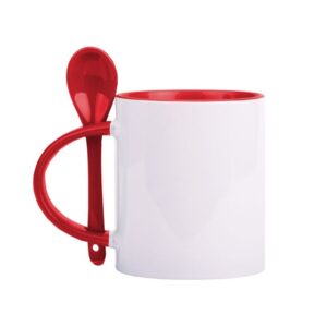 TAZA DE CERÁMICA CON CUCHARA INTERIOR Y OREJA ROJO 11 OZ